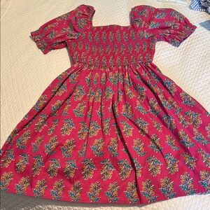J. Crew Factory Red Pink Smocked Puff Sleeve Sundress